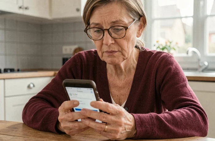Femme d'âge mûr consultant son espace Arkevia sur smartphone dans une cuisine à domicile