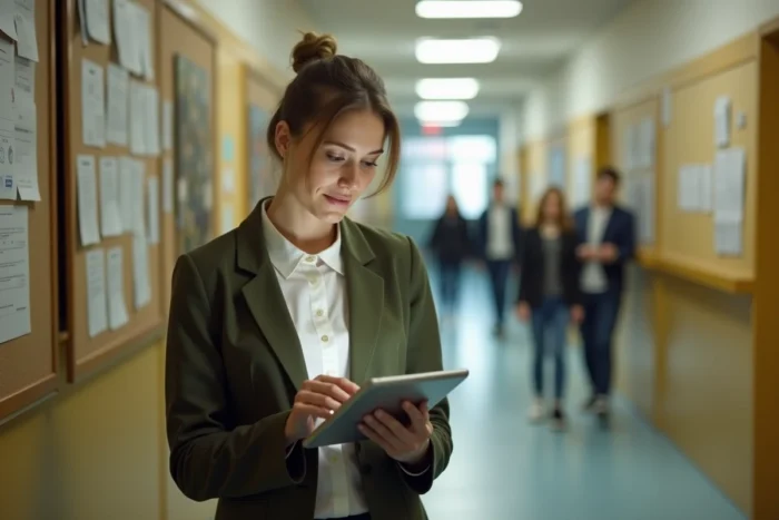 Enseignante consultant sa messagerie académique Nancy Metz sur une tablette dans un couloir d'établissement scolaire