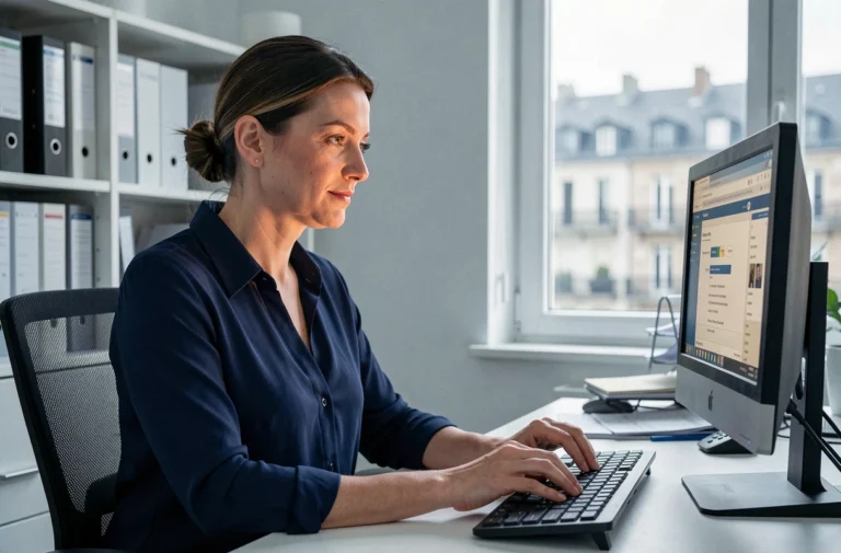 Une professionnelle de l'éducation nationale accède à sa messagerie webmail AC Amiens depuis son bureau administratif
