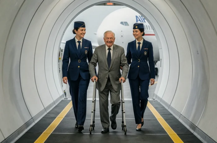 Passeggero a mobilità ridotta accompagnato dall'equipaggio Air France in una passerella d'imbarco