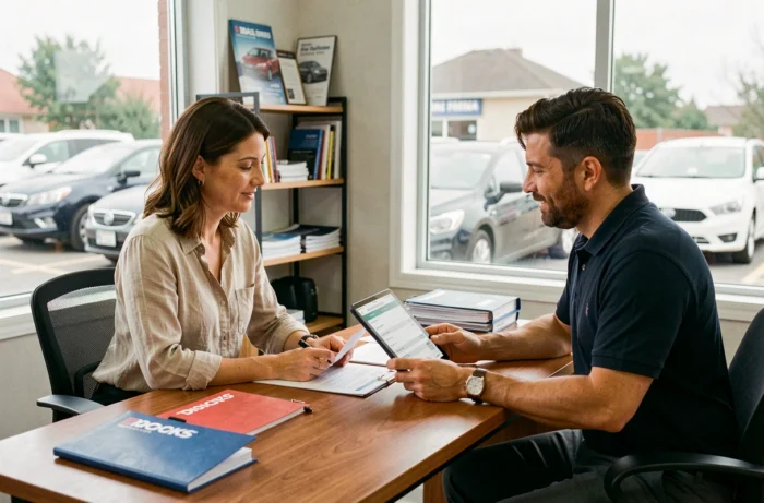 Femme et vendeur signant des documents pour l'achat d'une voiture d'occasion en toute confiance