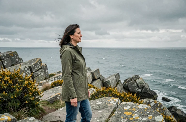 Femme en veste kaki contemplant la côte sauvage bretonne depuis une falaise granitique en bord de mer