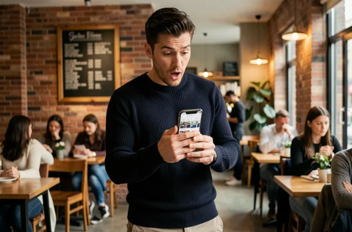Hombre consultando las noticias y las nuevas tendencias en su smartphone en un café urbano moderno