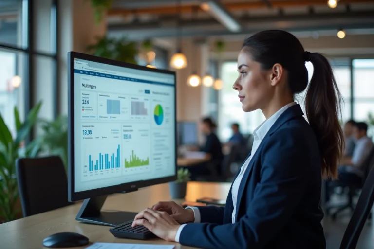 Experte en agence PrestaShop analysant un tableau de bord e-commerce sur grand écran dans un bureau moderne