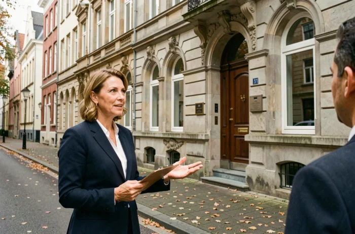 Agente imobiliário diante de uma fachada art nouveau bruxelense apresentando um imóvel à venda