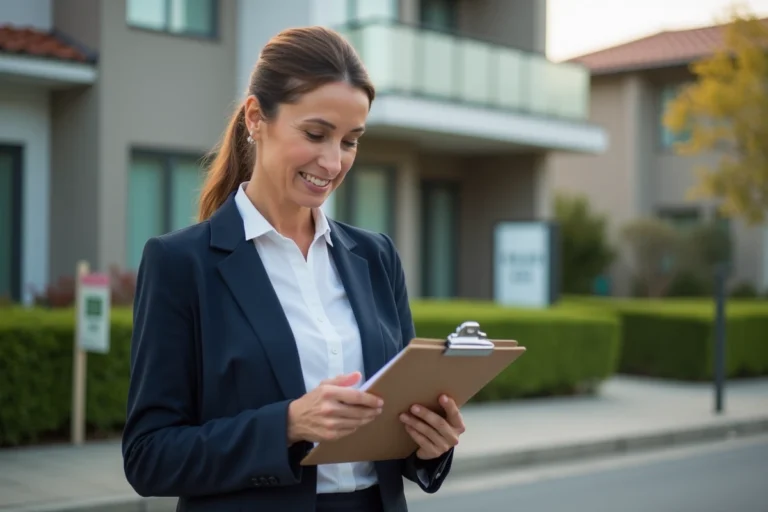 Agente immobilière professionnelle examinant des documents devant une maison moderne lors d'un projet d'achat immobilier