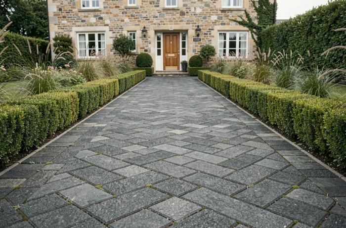 Allée de jardin en pavés béton anthracite disposés en chevrons, bordée de haies de buis et menant à une maison en pierre