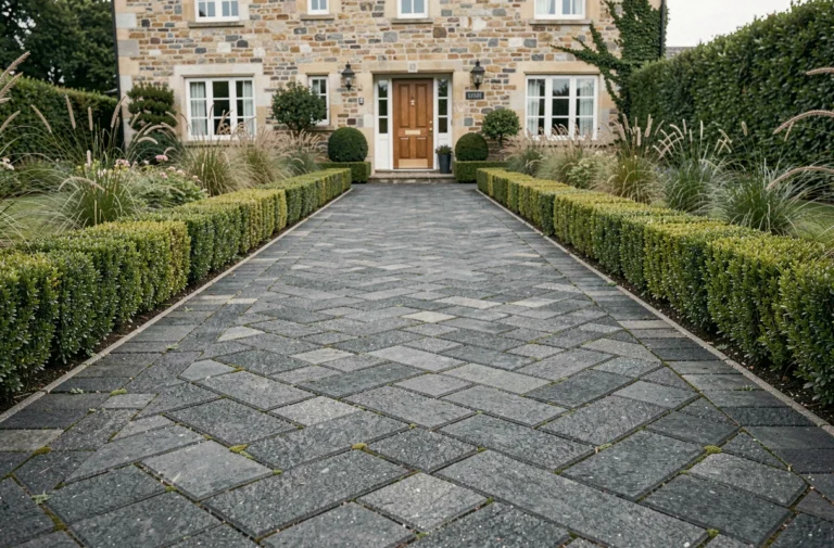 Allée de jardin en pavés béton anthracite disposés en chevrons, bordée de haies de buis et menant à une maison en pierre