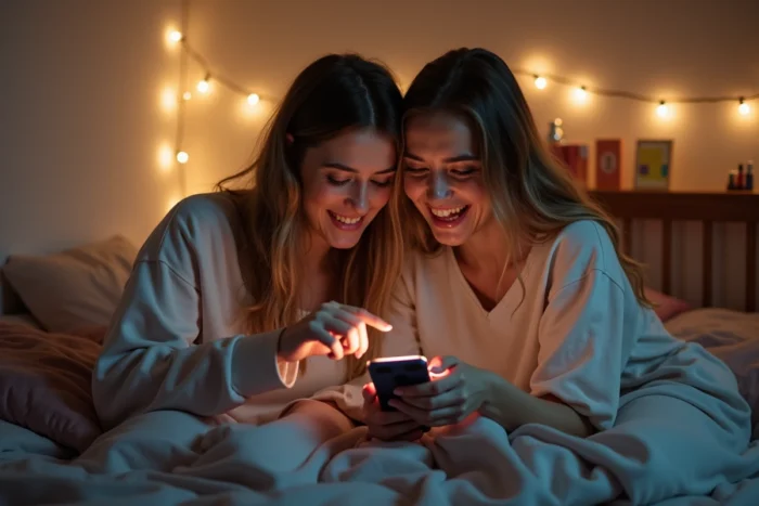Deux amies assises sur un lit la nuit analysant ensemble un SMS tardif avec des expressions curieuses et amusées