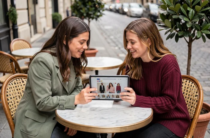 Duas amigas descobrindo juntas as últimas tendências de moda em um tablet em uma varanda de café parisiense
