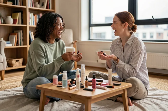 Twee vrouwen testen samen lippenstiftkleuren in een gezellige salon omringd door schoonheidsproducten
