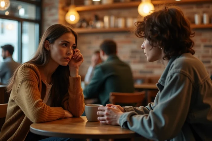 Deux amis dans un café, l'un exprimant de l'inquiétude face à l'autre qui se détourne, illustrant le soutien face à un changement de comportement soudain