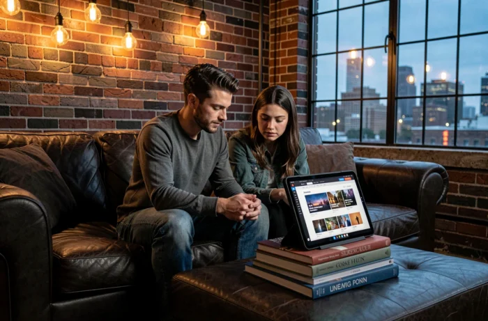 Deux amis lisant un guide sur les alternatives de streaming sur une tablette dans un appartement urbain