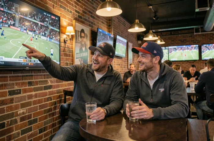 Deux amis regardant une diffusion sportive en ligne dans un bar moderne avec plusieurs écrans