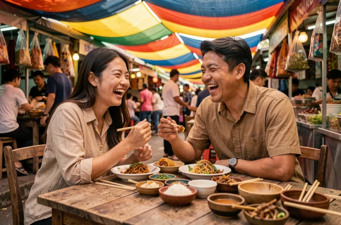 Two traveler friends sharing local dishes at an outdoor market in Southeast Asia