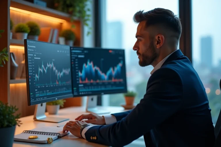 Homme en blazer marine analysant un portefeuille de cryptomonnaies blockchain sur double écran dans un bureau moderne