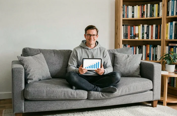 Homme consultant une analyse de trafic web sur tablette dans un bureau à domicile avec livres de SEO
