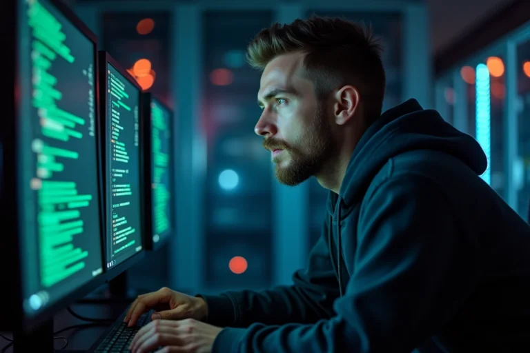 Analyste en cybersécurité surveillant des alertes de virus sur plusieurs écrans dans une salle de serveurs