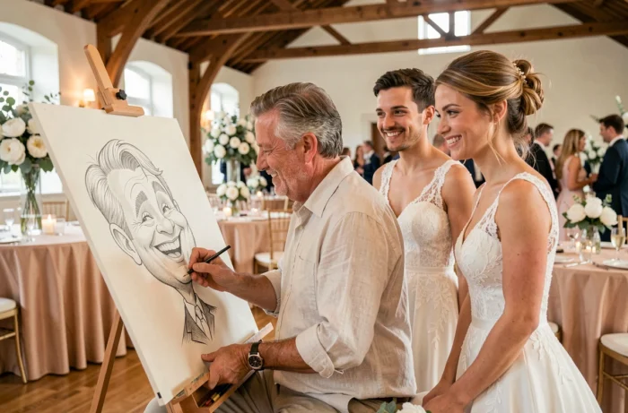 Caricaturiste professionnel dessinant le portrait des mariés lors d'une réception de mariage en salle élégante