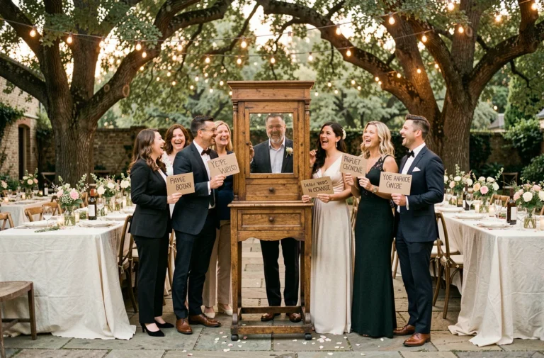Groupe de mariés et invités joyeux autour d'un photobooth vintage en bois lors d'une réception de mariage en jardin