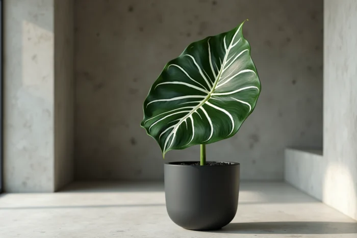 Anthurium à nervures blanches graphiques sur fond de béton, dans un pot noir mat, feuille veloutée verte en gros plan
