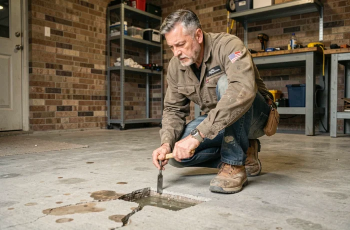 Artisan inspectant une surface abîmée en béton quartzé dans un garage résidentiel