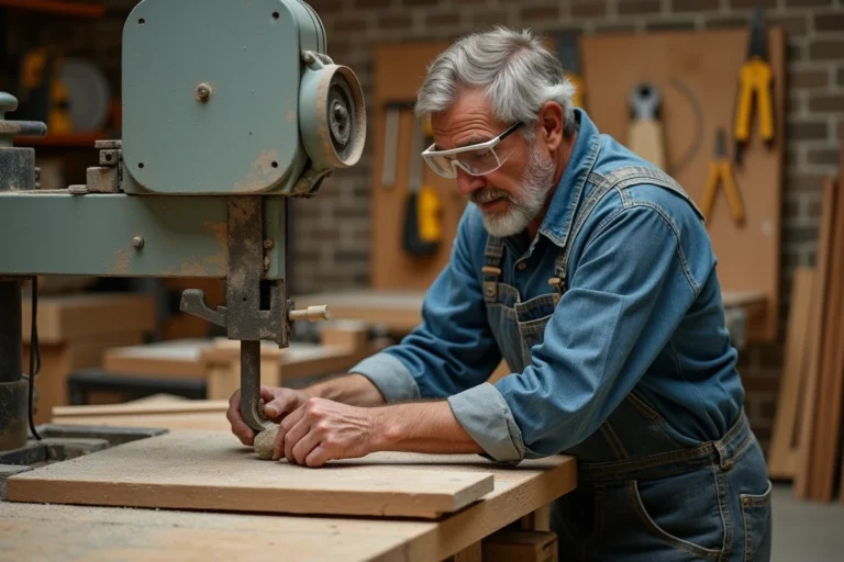 Artisan expérimenté réglant l'angle de coupe d'une scie radiale dans un atelier de menuiserie professionnel