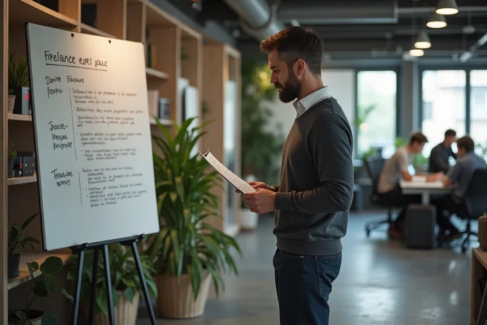 Artiste indépendant homme étudiant les différents statuts juridiques pour activité artistique dans un espace de coworking