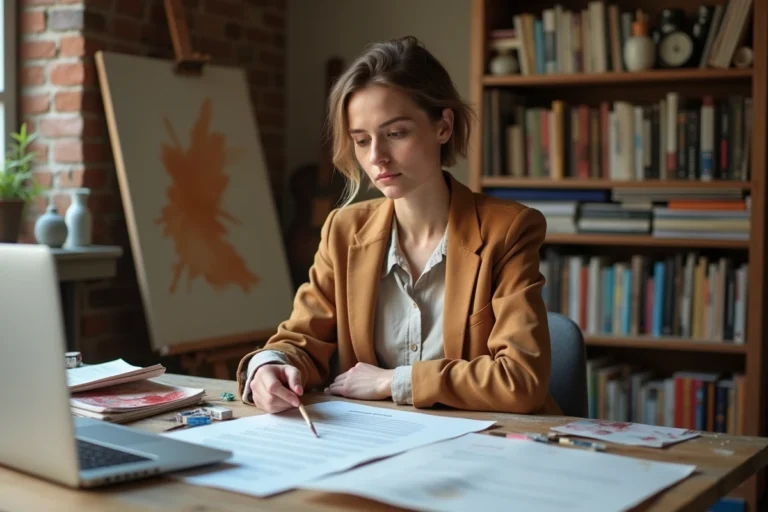Artiste peintre femme consultant des documents administratifs pour choisir son statut juridique dans son atelier d'art