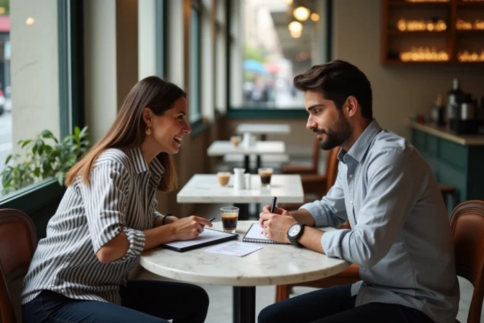 Deux artistes discutant du choix du meilleur statut juridique pour leur activité artistique autour d'un café en ville
