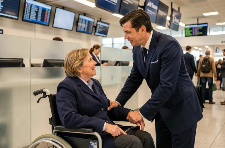 Femme en fauteuil roulant assistée par un agent Air France au comptoir d'enregistrement de l'aéroport