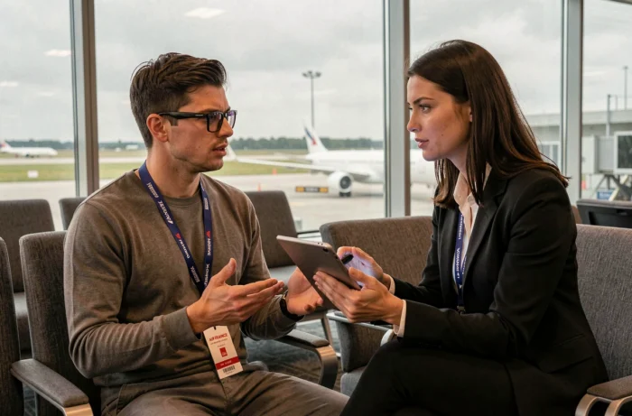 Viaggiatore non vedente che riceve un'assistenza personalizzata Air France nella lounge dell'aeroporto prima del volo