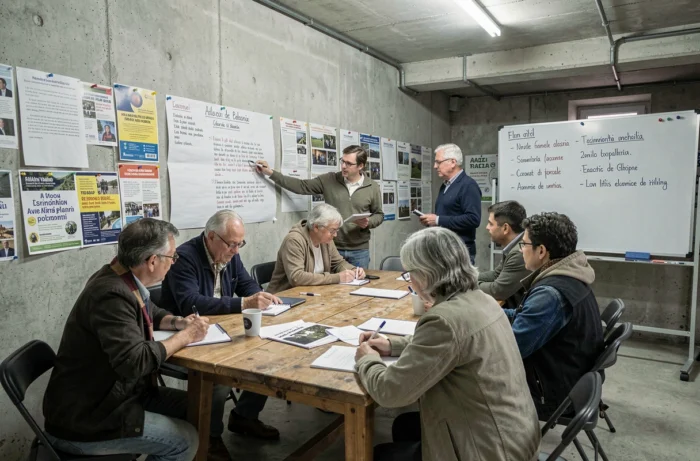 Oficina participativa sobre a tradução inclusiva do slogan antifascista em francês em um centro comunitário
