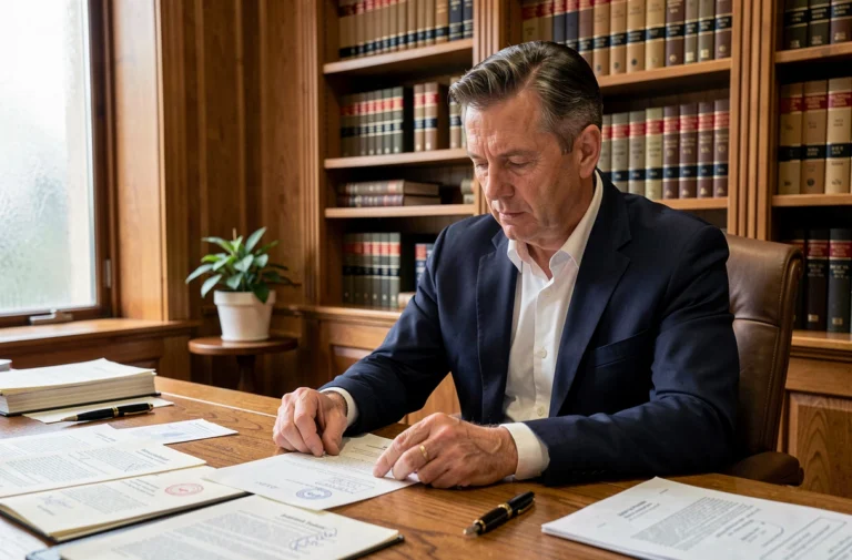 Avocat en costume marine examinant des documents juridiques officiels dans un bureau traditionnel avec bibliothèque de droit