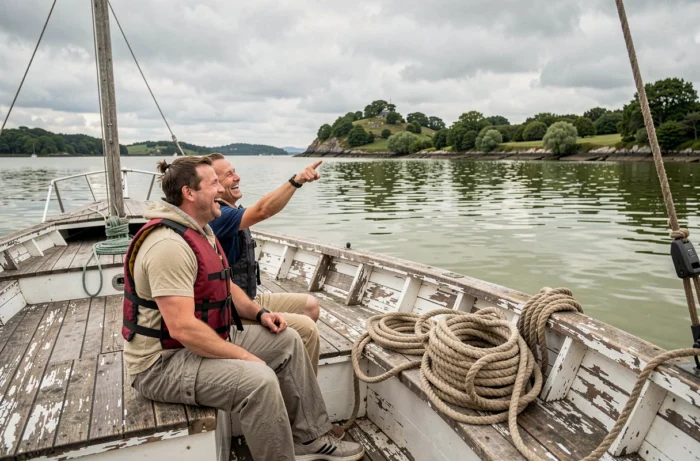 Couple naviguant en voilier traditionnel sur le Golfe du Morbihan entouré d'îles verdoyantes