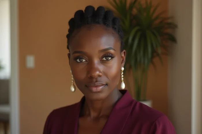 Femme noire élégante aux cheveux afro courts coiffés en Bantu knots, portrait en studio minimaliste