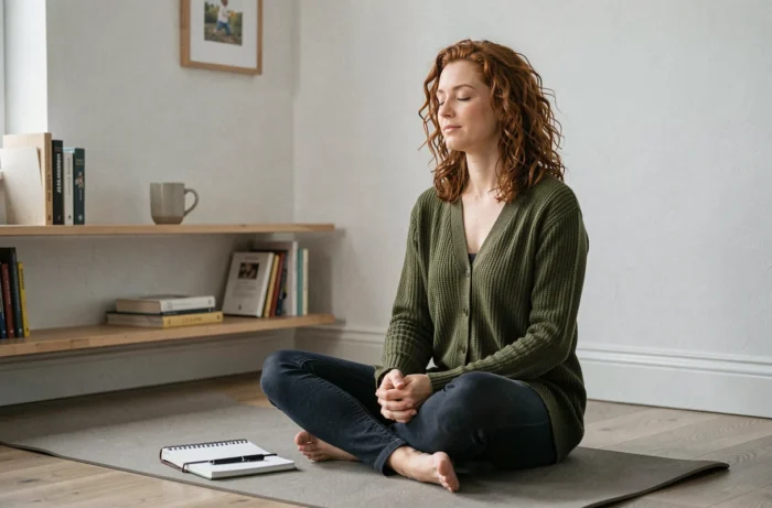 Femme pratiquant un moment de pleine conscience sur un tapis de yoga dans un coin de bureau à domicile calme et organisé