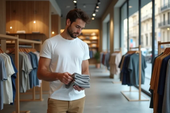 Jeune homme faisant du shopping dans une boutique de vêtements ouverte le dimanche à Marseille