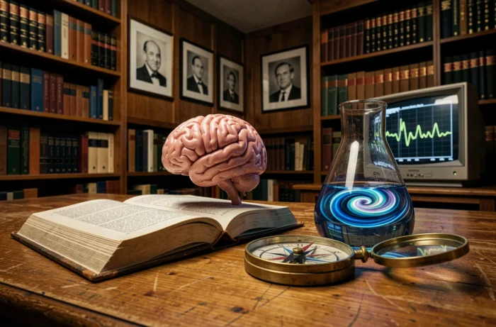 Nature morte sur un bureau de chercheur réunissant un livre de mécanique quantique, un modèle de cerveau humain et un compas vintage