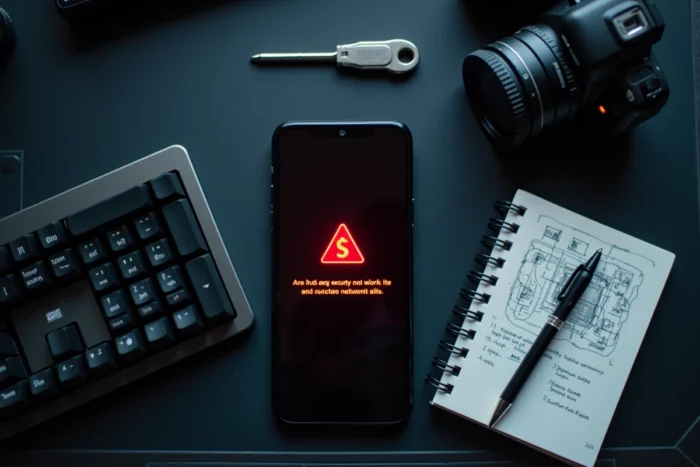 Vue aérienne d'un bureau technique avec smartphone affichant une alerte virus, clavier mécanique et clé de sécurité numérique