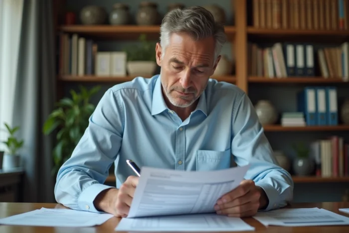Homme calculant les années de détention pour une plus-value immobilière sur des documents fiscaux