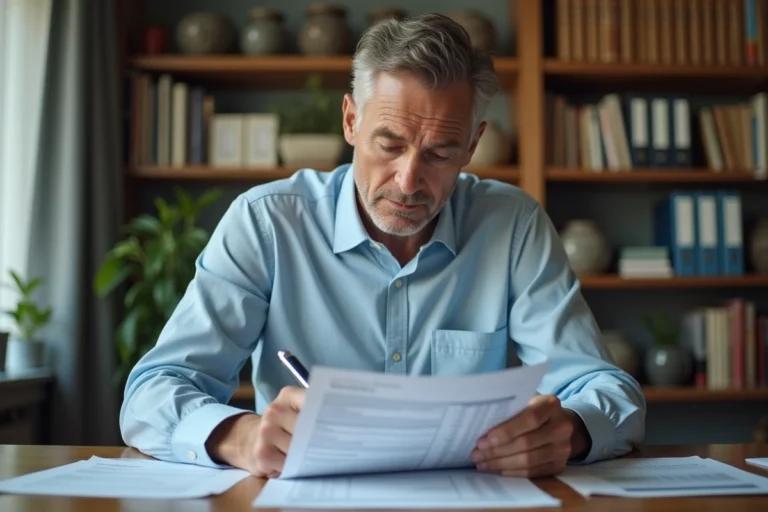 Homme calculant les années de détention pour une plus-value immobilière sur des documents fiscaux