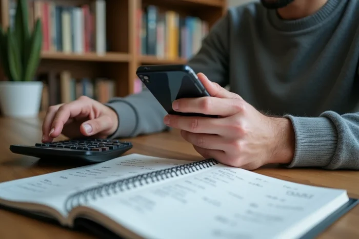 Homme calculant le taux d'épargne carré mauve Crédit Agricole depuis son bureau à domicile