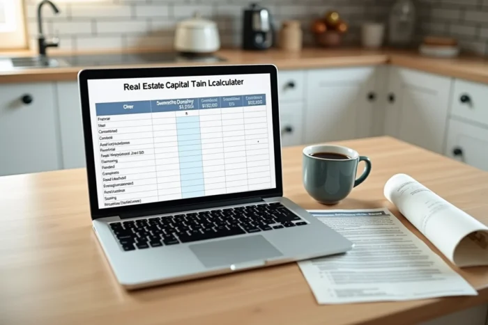 Calculateur en ligne de plus-value immobilière affiché sur un écran d'ordinateur avec documents de propriété