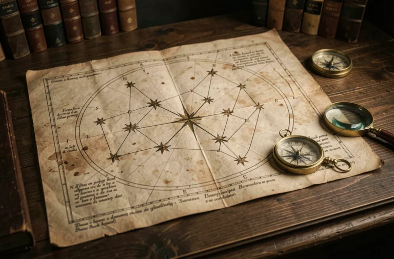 Carte céleste ancienne sur parchemin représentant sept étoiles en constellation, posée sur un bureau en chêne avec une boussole en laiton et une loupe vintage