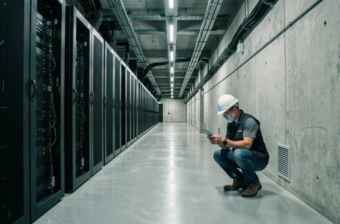 Couloir de centre de données avec rangées de serveurs et technicien inspectant l'infrastructure de stockage cloud