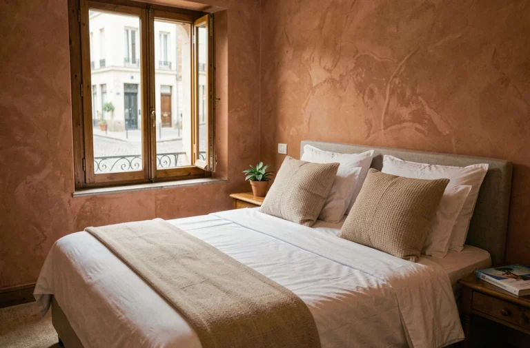 Chambre de boutique-hôtel cosy avec lit king-size en linge blanc, murs en plâtre terracotta et fenêtre ouvrant sur une rue pavée européenne