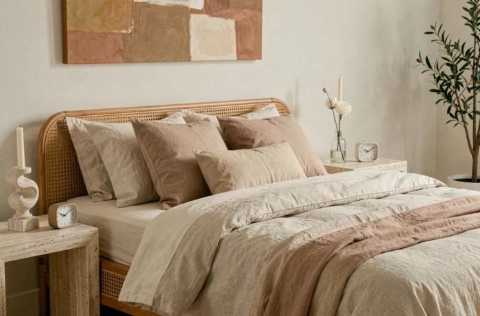 Chambre principale tendance avec literie en lin neutre, tête de lit en rotin et décoration en pierre travertin