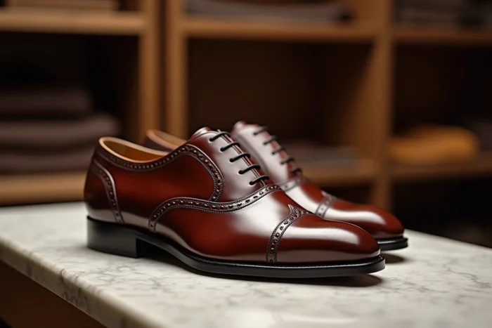 Chaussures Oxford en cuir brun acajou artisanales sur marbre, détail couture Goodyear et bout miroir, photographie éditoriale luxe