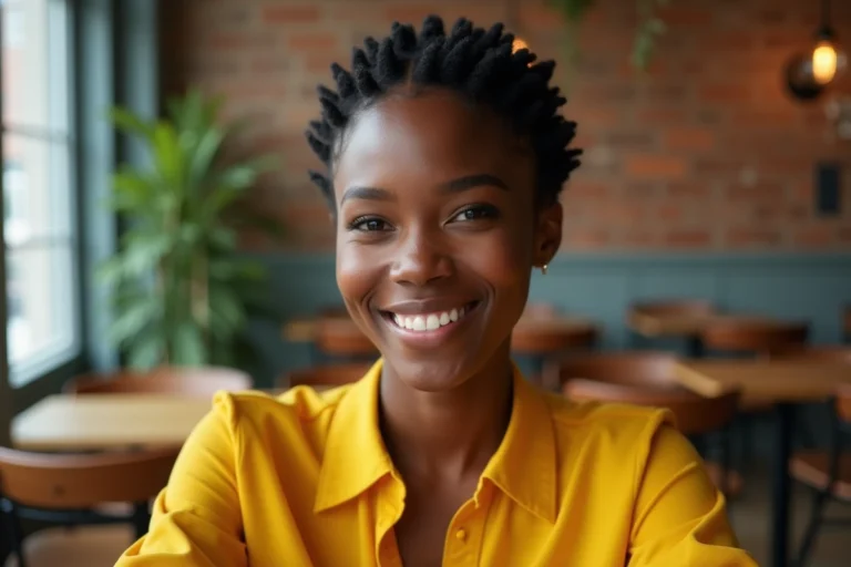 Jeune femme noire aux cheveux courts afro coiffés en flat twists géométriques, assise dans un café urbain